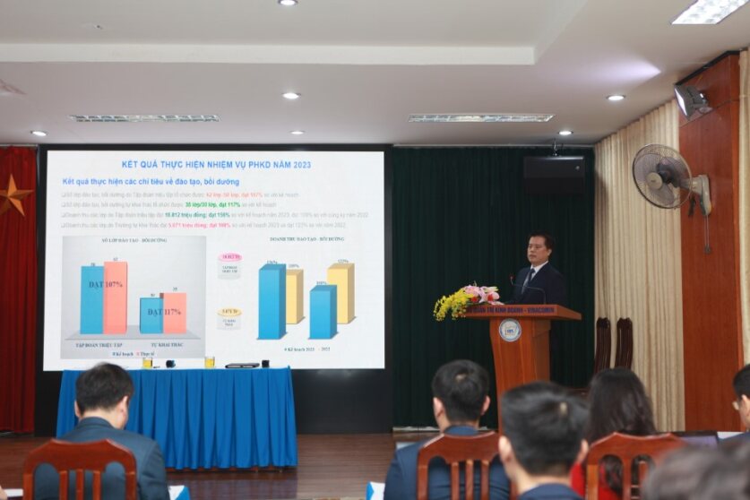 Đồng chí Nguyễn Việt Dũng – Phó Hiệu trưởng trình bày báo cáo tổng kết năm 2023